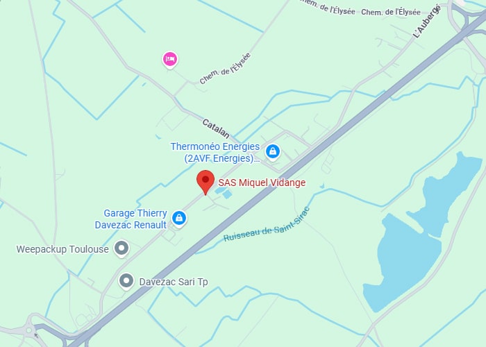 Localisation SAS Miquel Vidange proche de Toulouse Carte de localisation de SAS Miquel Vidange près du Ruisseau de Saint-Sirac et de Thermonéo Energies à Toulouse.