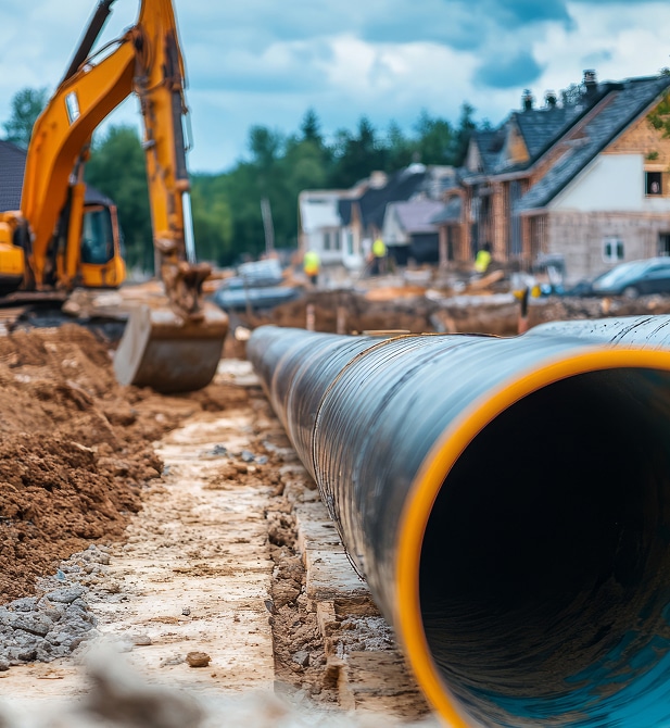 Chantier de construction avec pelleteuse et gros tuyau Gros tuyau noir en premier plan sur un chantier avec une pelleteuse jaune devant des maisons en construction.