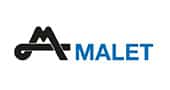 Malet : Logo Officiel de l'Entreprise de Travaux Publics Logo Malet avec un M noir entrelacé stylisé et le nom MALET en lettres bleues.