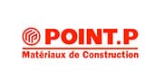Logo POINT.P : Leader des Matériaux de Construction Logo rouge POINT.P Matériaux de Construction avec icône circulaire stylisée sur fond blanc.