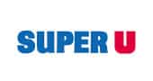 Logo Super U : Enseigne de Supermarché Française Logo Super U avec le texte SUPER en bleu et la lettre U en rouge sur un fond blanc épuré.
