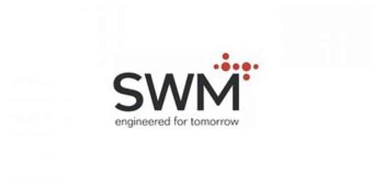 Logo SWM : Engineered for Tomorrow - Solutions d'Ingénierie Logo SWM noir avec le slogan engineered for tomorrow et un motif de points rouges sur fond blanc.